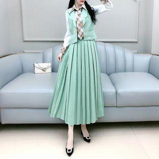 Set: Scalloped Button Vest + Pleated Midi A-line Skirt