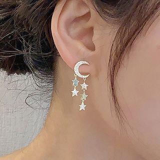 Rhinestone Moon & Star Dangle Earring 1 Pair - 925 Silver Needle - One Size