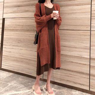 Open-front Long Cardigan / V-neck Ribbed Midi Tank Dress