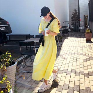 Puff-sleeve Shirred Maxi Flare Dress