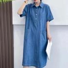 Short-sleeve Denim Midi Shift Dress Blue - One Size