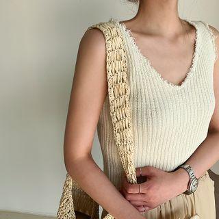 Fray-edge Sleeveless Knit Top Ivory - One Size
