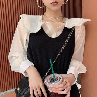 Sailor-collar Sheer Blouse Beige - One Size