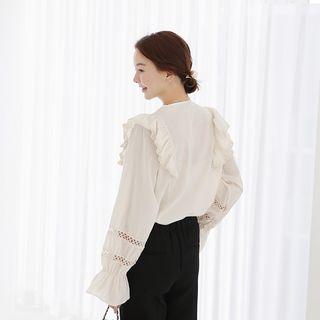 V-neck Perforated-sleeve Frilled Top