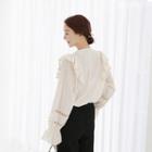 V-neck Perforated-sleeve Frilled Top