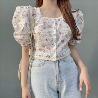 Lace-trim Square-neck Floral Print Blouse White - One Size