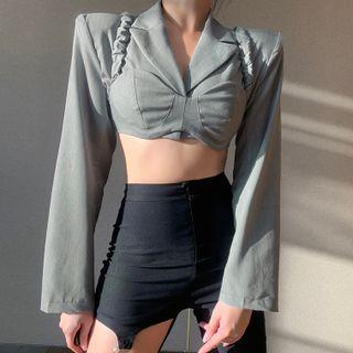 Set : Long-sleeve Plain Cropped Blazer + Camisole Top
