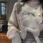 Mock-neck Ribbon Sweater / Gingham Midi Pencil Skirt With Suspender