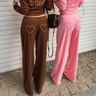 Drawstring Heart-embroidered Terry Pants