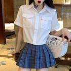 Short-sleeve Shirt / Plaid Pleated Mini A-line Skirt