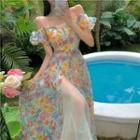 Puff-sleeve Cold-shoulder Print Mesh Maxi A-line Dress