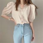 Puff-sleeve Button Lace Trim Blouse