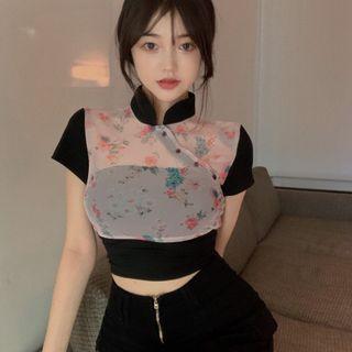 Mandarin Collar Floral Mesh Panel Crop Top Black - One Size