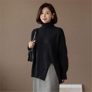 Turtle-neck Slit-hem Sweater Black - One Size