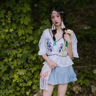 Elbow-sleeve Ruffled Embroidered Top