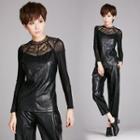 Lace-panel Faux Leather Top