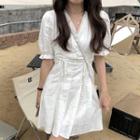 Short-sleeve Plain Tie-strap Mini A-line Dress