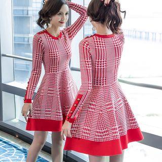 Houndstooth Knitted Long-sleeve A-line Dress