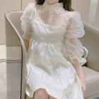 Puff-sleeve Frill Trim Mesh Blouse / Mini A-line Overall Dress