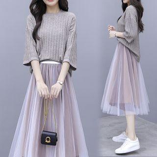Set: 3/4-sleeve Knit Top + Mesh Midi A-line Skirt