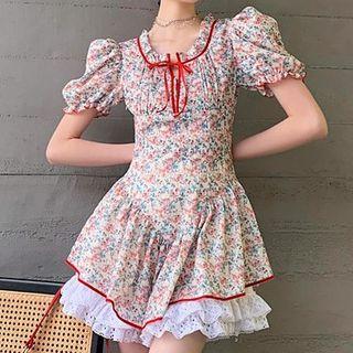 Puff-sleeve Lace Panel Floral Mini A-line Dress