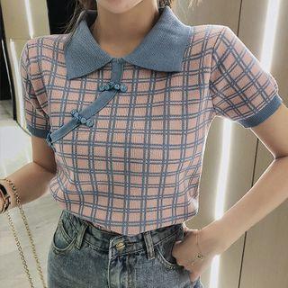 Asymmetric Short-sleeve Plaid Knit Polo Shirt