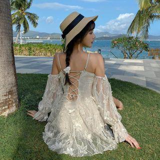 Long-sleeve Cold Shoulder Lace-up Lace Swimdress