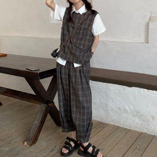 Set: Plaid Vest + Wide-leg Pants Set - Plaid - Ash Brown - One Size