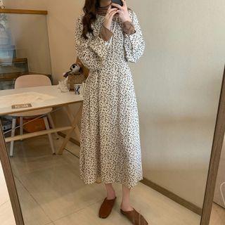 Long-sleeve Floral Crew-neck Dress