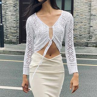 Long Sleeve V-neck Crochet Crop Sweater