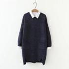 Pocketed Long-sleeve Knit Dress Navy Blue - One Size