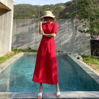 Pintuck-trim Tie-waist Linen Blend Dress