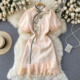 Puff-sleeve Floral Embroidered Mini Mermaid Dress