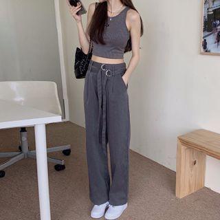 Applique Crop Tank Top / Belted Straight Leg Dress Pants
