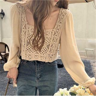 Puff-sleeve Crotchet Blouse Almond - One Size