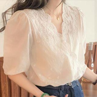 Elbow-sleeve V-neck Eyelet Trim Blouse White - One Size