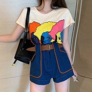 Short-sleeve Cartoon Print T-shirt / High-waist Denim Shorts / Belt / Set