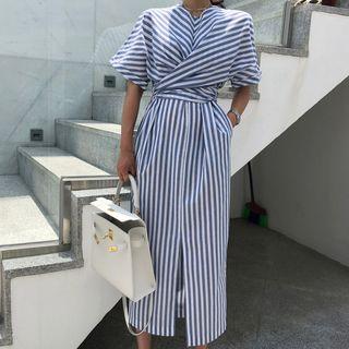 Cross Strap Short-sleeve Striped Dress