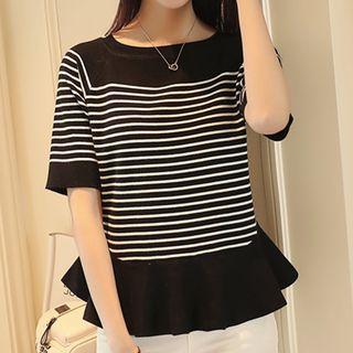 Striped Elbow Sleeve Knit Peplum Top