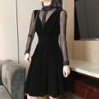 Long-sleeve Mesh Top / Velvet A-line Pinafore Dress