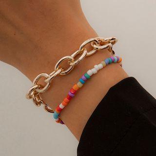 Set : Bead Bracelet + Chunky Alloy Bracelet Set Of 2 - Gold - One Size