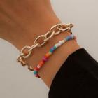 Set : Bead Bracelet + Chunky Alloy Bracelet Set Of 2 - Gold - One Size