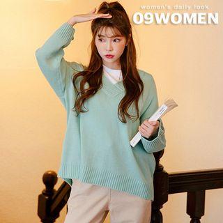 Plus Size V-neck Rib-trim Sweater
