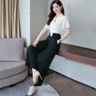 Set: Tie-neck Shirt + Wide-leg Pants