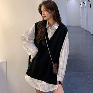 Pinstriped Long-sleeve Shirt / Plain Knit Vest