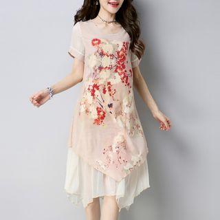 Mock Two-piece Short-sleeve Printed Dress