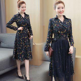 Set: Print Long-sleeve Shirtdress + Lace Midi Skirt
