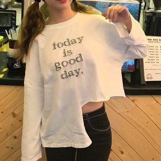 Letter Embroidered Asymmetric Hem Long Sleeve T-shirt