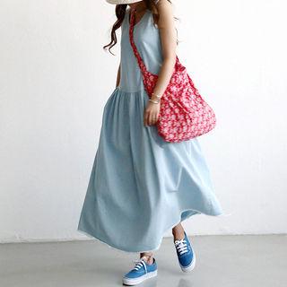 U-neck Fringe-hem Denim Maxi Tank Dress