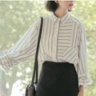 Drawstring-cuff Striped Blouse White - One Size